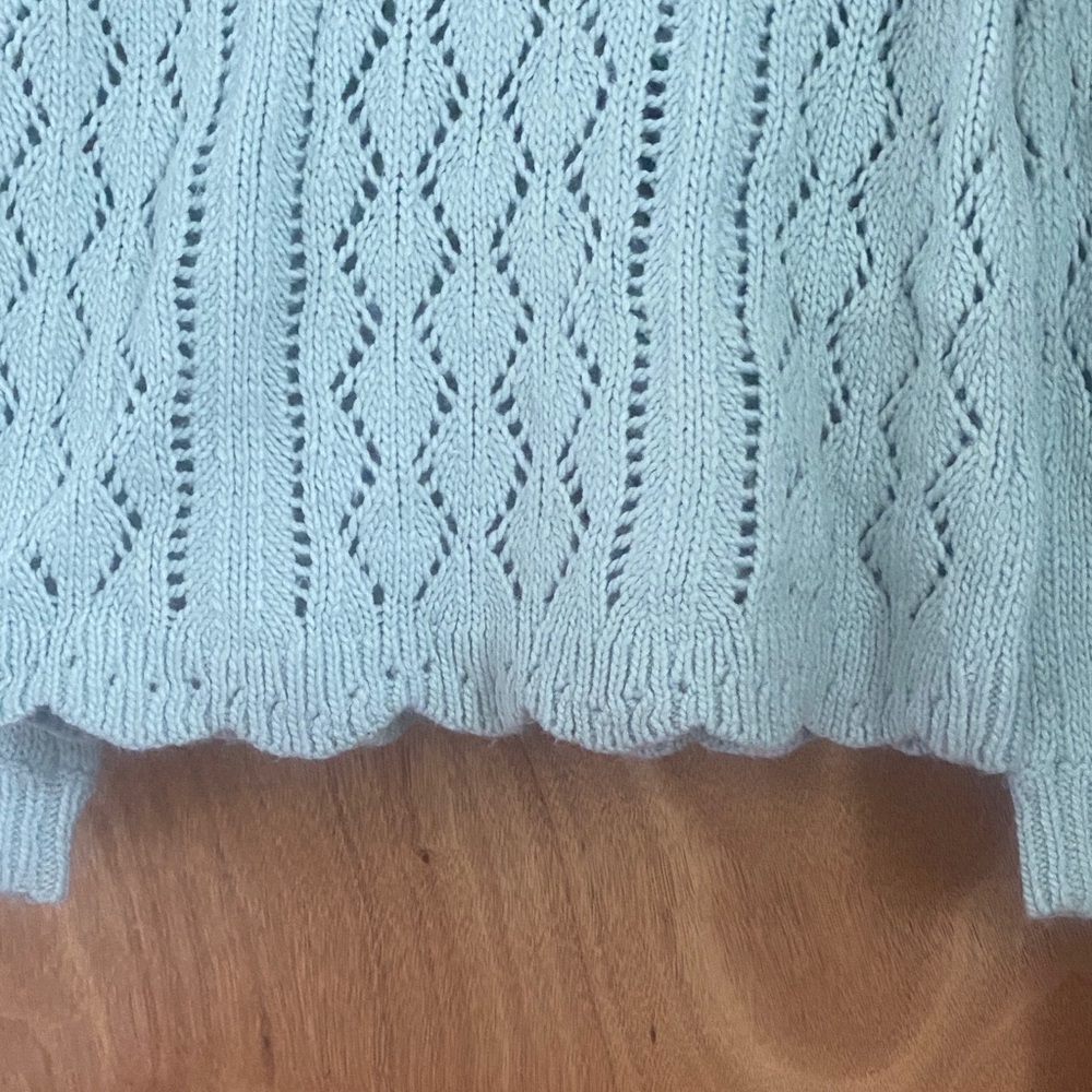 LOFT Mint Green Pointelle Sweater Open Knit Boat Neck Scallop Hem Small - Picture 6 of 11